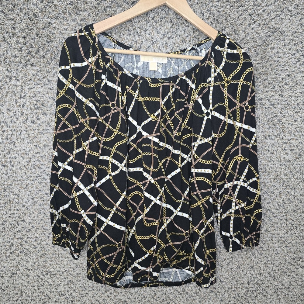 Michael Kors Top Womens Small Black Chain Print Peasant Blouse Scoop Neck Ladies